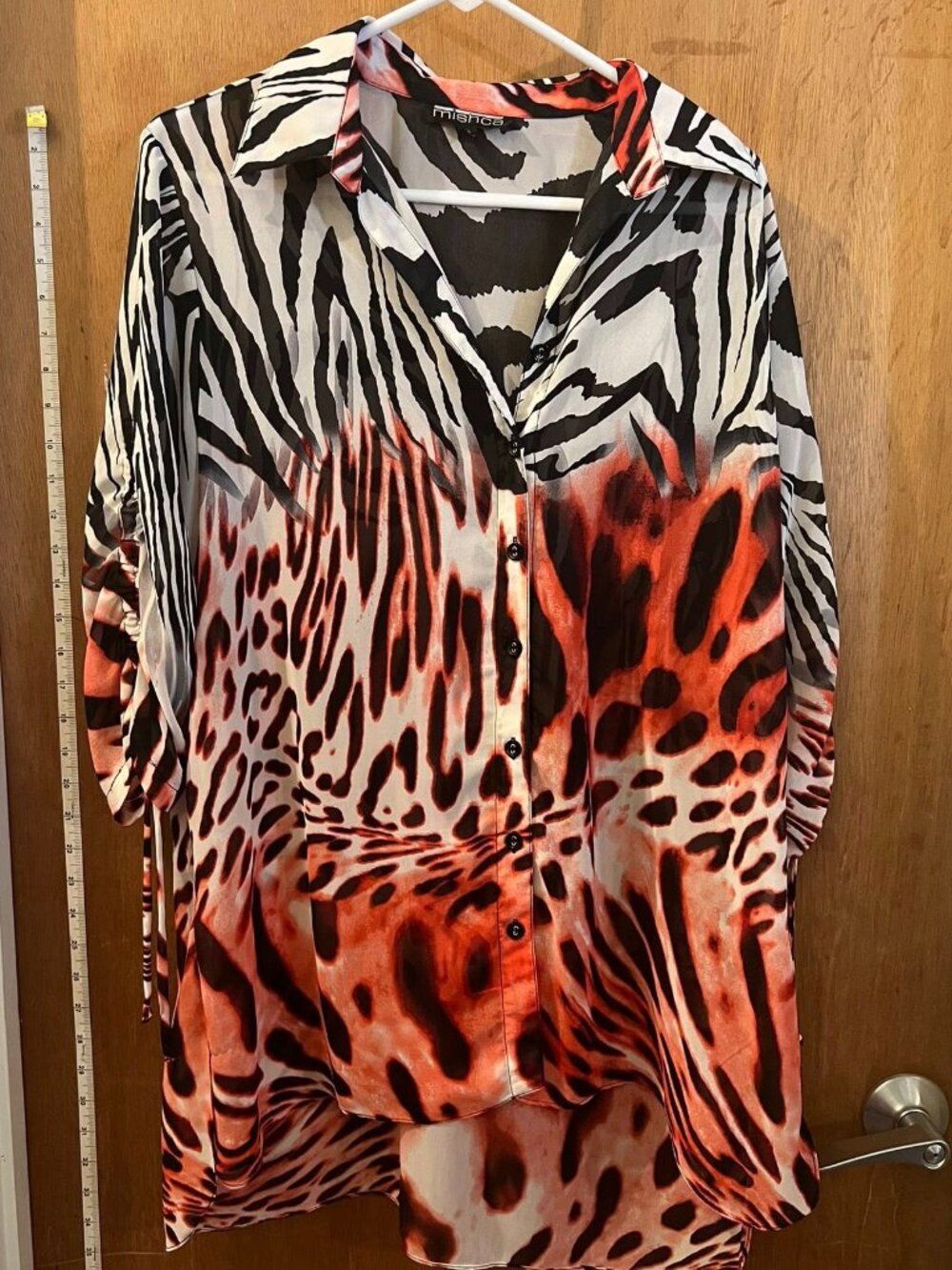 Size XL - Mishca - Semi Sheer Pink and Brown Half Sleeve Blouse